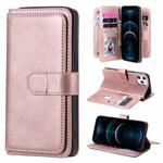 For iPhone 12 Pro Max Multifunctional Magnetic Copper Buckle Horizontal Flip Solid Color Leather Case with 10 Card Slots & Wallet & Holder & Photo Frame(Rose Gold)