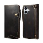 For iPhone 16 Denior B01 Oil Wax Cowhide Magnetic Button Genuine Leather Case(Black)