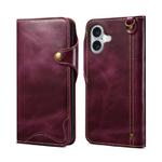 For iPhone 16 Denior B01 Oil Wax Cowhide Magnetic Button Genuine Leather Case(Purple)