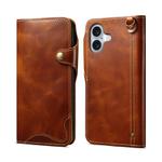 For iPhone 16 Denior B01 Oil Wax Cowhide Magnetic Button Genuine Leather Case(Brown)