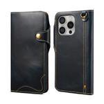 For iPhone 16 Pro Denior B01 Oil Wax Cowhide Magnetic Button Genuine Leather Case(Blue)