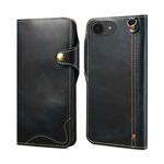 For iPhone 16e Denior B01 Oil Wax Cowhide Magnetic Button Genuine Leather Case(Blue)