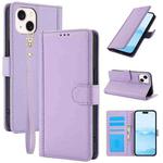 For iPhone 15 Plus Skin Feel Pure Color Card Slots Leather Phone Case with Dual Lanyard(Purple)