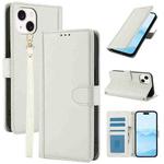 For iPhone 15 Skin Feel Pure Color Card Slots Leather Phone Case with Dual Lanyard(White)