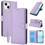 For iPhone 15 Skin Feel Pure Color Card Slots Leather Phone Case with Dual Lanyard(Purple)