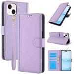 For iPhone 14 Skin Feel Pure Color Card Slots Leather Phone Case with Dual Lanyard(Purple)