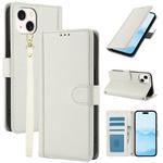 For iPhone 14 Plus Skin Feel Pure Color Card Slots Leather Phone Case with Dual Lanyard(White)