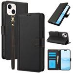 For iPhone 14 Plus Skin Feel Pure Color Card Slots Leather Phone Case with Dual Lanyard(Black)