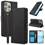 For iPhone 14 Pro Max Skin Feel Pure Color Card Slots Leather Phone Case with Dual Lanyard(Black)