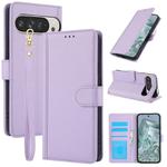 For Google Pixel 9 Pro XL Skin Feel Pure Color Card Slots Leather Phone Case with Dual Lanyard(Purple)