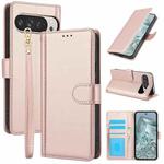 For Google Pixel 9 / 9 Pro Skin Feel Pure Color Card Slots Leather Phone Case with Dual Lanyard(Rose Gold)