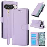 For Google Pixel 9 / 9 Pro Skin Feel Pure Color Card Slots Leather Phone Case with Dual Lanyard(Purple)