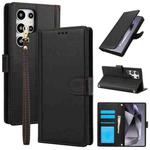 For Samsung Galaxy S24 Ultra 5G Skin Feel Pure Color Card Slots Leather Phone Case with Dual Lanyard(Black)