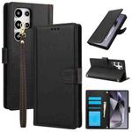 For Samsung Galaxy S23 Ultra 5G Skin Feel Pure Color Card Slots Leather Phone Case with Dual Lanyard(Black)