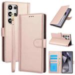 For Samsung Galaxy S25 Ultra 5G Skin Feel Pure Color Card Slots Leather Phone Case with Dual Lanyard(Rose Gold)