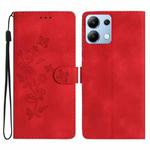 For Redmi Note 14 4G Flower Butterfly Embossing Pattern Leather Phone Case(Red)