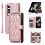 For Samsung Galaxy Z Fold4 Rhombic Full Zipper Wallet Leather Phone Case(Rose Gold)