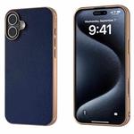 For iPhone 16 Plus PU Leather Electroplating Frame Full Coverage Phone Case(Dark Blue)