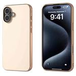 For iPhone 16 Plus PU Leather Electroplating Frame Full Coverage Phone Case(Peach Pink)