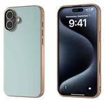 For iPhone 16 Plus PU Leather Electroplating Frame Full Coverage Phone Case(Light Blue)