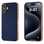 For iPhone 16 PU Leather Electroplating Frame Full Coverage Phone Case(Dark Blue)