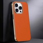 For iPhone 16 Pro Max First Layer Cowhide Leather Electroplated PC Phone Case(Orange)