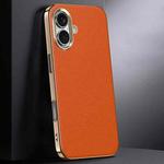 For iPhone 16 First Layer Cowhide Leather Electroplated PC Phone Case(Orange)