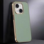 For iPhone 15 First Layer Cowhide Leather Electroplated PC Phone Case(Green)