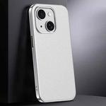 For iPhone 15 First Layer Cowhide Leather Electroplated PC Phone Case(White)