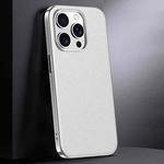 For iPhone 14 Pro Max First Layer Cowhide Leather Electroplated PC Phone Case(White)