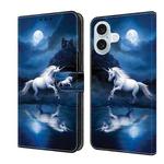 For iPhone 16 Plus Crystal Painted Leather Phone case(White Horse)