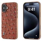 For iPhone 16 Plus ABEEL Electroplating Frame Genuine Leather Ostrich Texture Phone Case(Coffee)