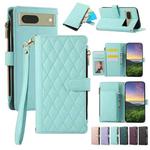 For Google Pixel 7 Rhombic Zipper Wallet Leather Phone Case(Cyan)