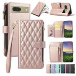 For Google Pixel 7 Rhombic Zipper Wallet Leather Phone Case(Rose Gold)