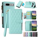 For Google Pixel 7a Rhombic Zipper Wallet Leather Phone Case(Cyan)