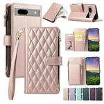 For Google Pixel 7a Rhombic Zipper Wallet Leather Phone Case(Rose Gold)