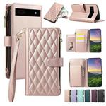 For Google Pixel 6a Rhombic Zipper Wallet Leather Phone Case(Rose Gold)