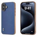 For iPhone 16 Plus ABEEL Electroplating Frame Genuine Leather Xiaoya Series Phone Case(Blue)