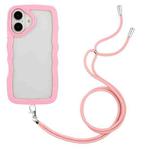 For iPhone 16 Plus Candy Color Wave TPU Clear PC Phone Case with Lanyard(Pink)