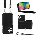 For iPhone 16 Plus Crossbody Zipper Wallet Bag Leather Phone Case with Lanyard(Black)