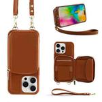 For iPhone 16 Pro Crossbody Zipper Wallet Bag Leather Phone Case with Lanyard(Brown)