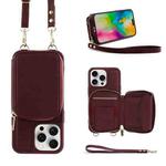 For iPhone 16 Pro Max Crossbody Zipper Wallet Bag Leather Phone Case with Lanyard(Wine Red)