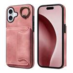 For iPhone 16 Plus Skin Feel Card Bag Phone Case with Ring Buckle(Rose Gold)