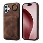 For iPhone 16 Plus Skin Feel Card Bag Phone Case with Ring Buckle(Brown)