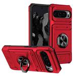 For Google Pixel 9 Pro XL TPU Hybrid PC Shockproof Card Phone Case with Metal Ring Holder(Red)