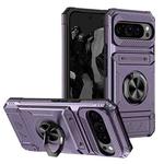 For Google Pixel 9 Pro XL TPU Hybrid PC Shockproof Card Phone Case with Metal Ring Holder(Purple)