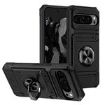 For Google Pixel 9 Pro XL TPU Hybrid PC Shockproof Card Phone Case with Metal Ring Holder(Black)