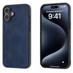 For iPhone 16 Plus Black Frame Two-color Calf Texture PU Phone Case(Blue)