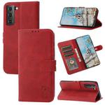 For Samsung Galaxy S25 5G Embossed Happy Cat Pattern Flip Leather Phone Case(Red)