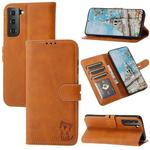 For Samsung Galaxy S25 5G Embossed Happy Cat Pattern Flip Leather Phone Case(Yellow)